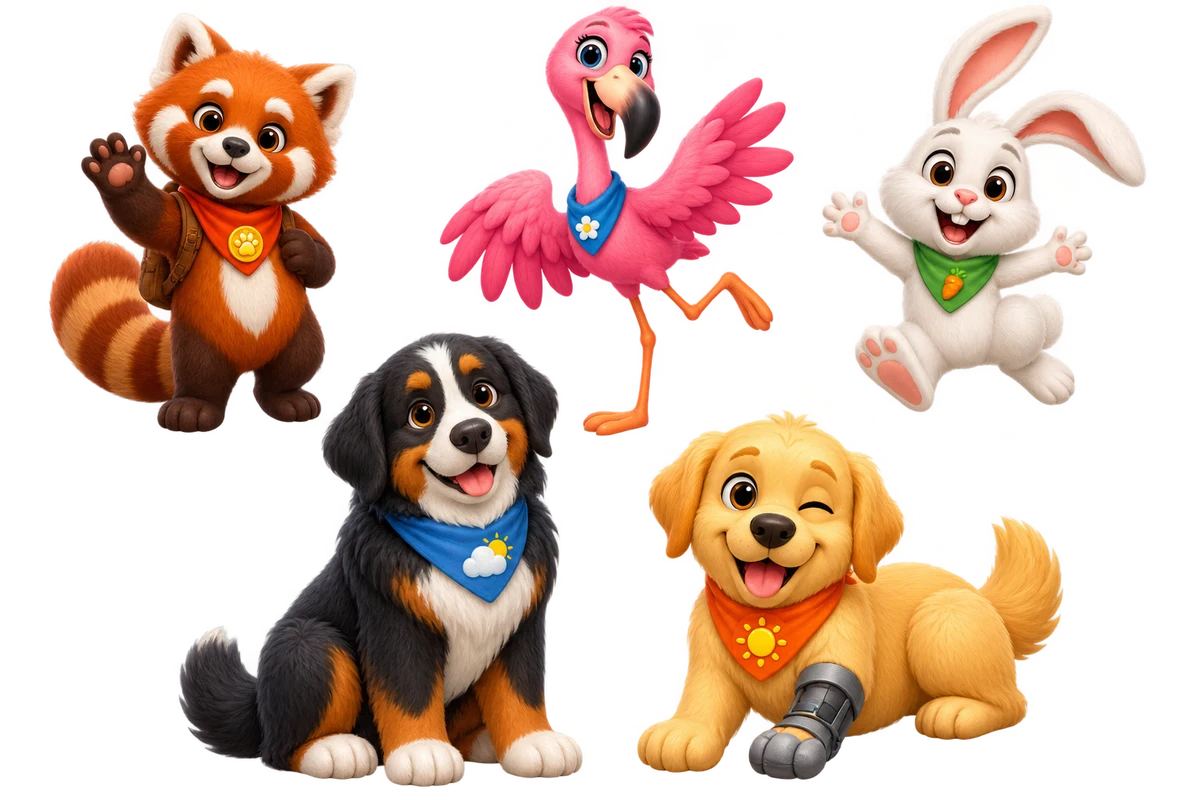 Red, Flam, Hop, Sky et Sunny vous accueillent sur leur île