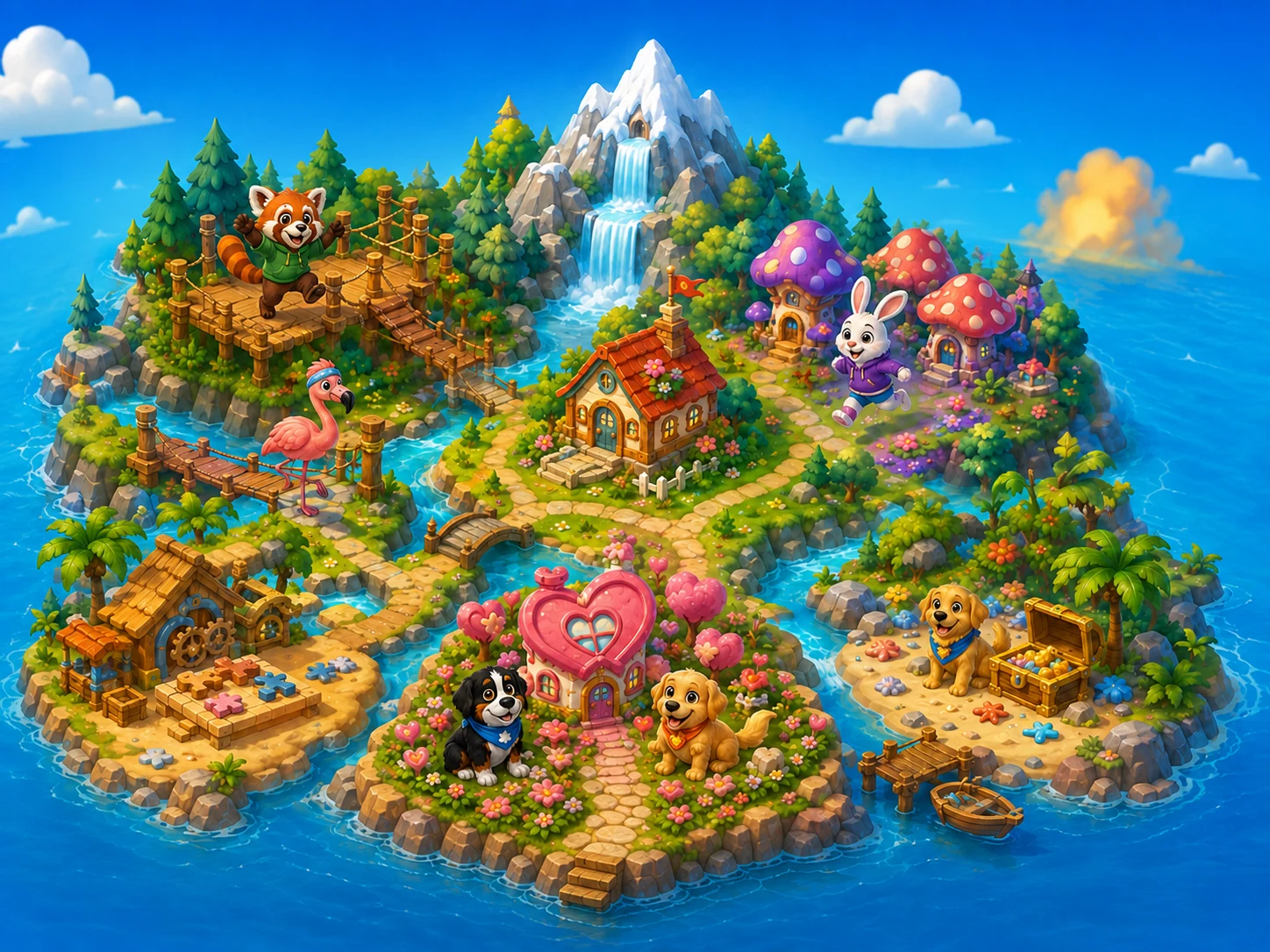 L’île DareTapKids, ses cabanes, ses ponts et sa cascade
